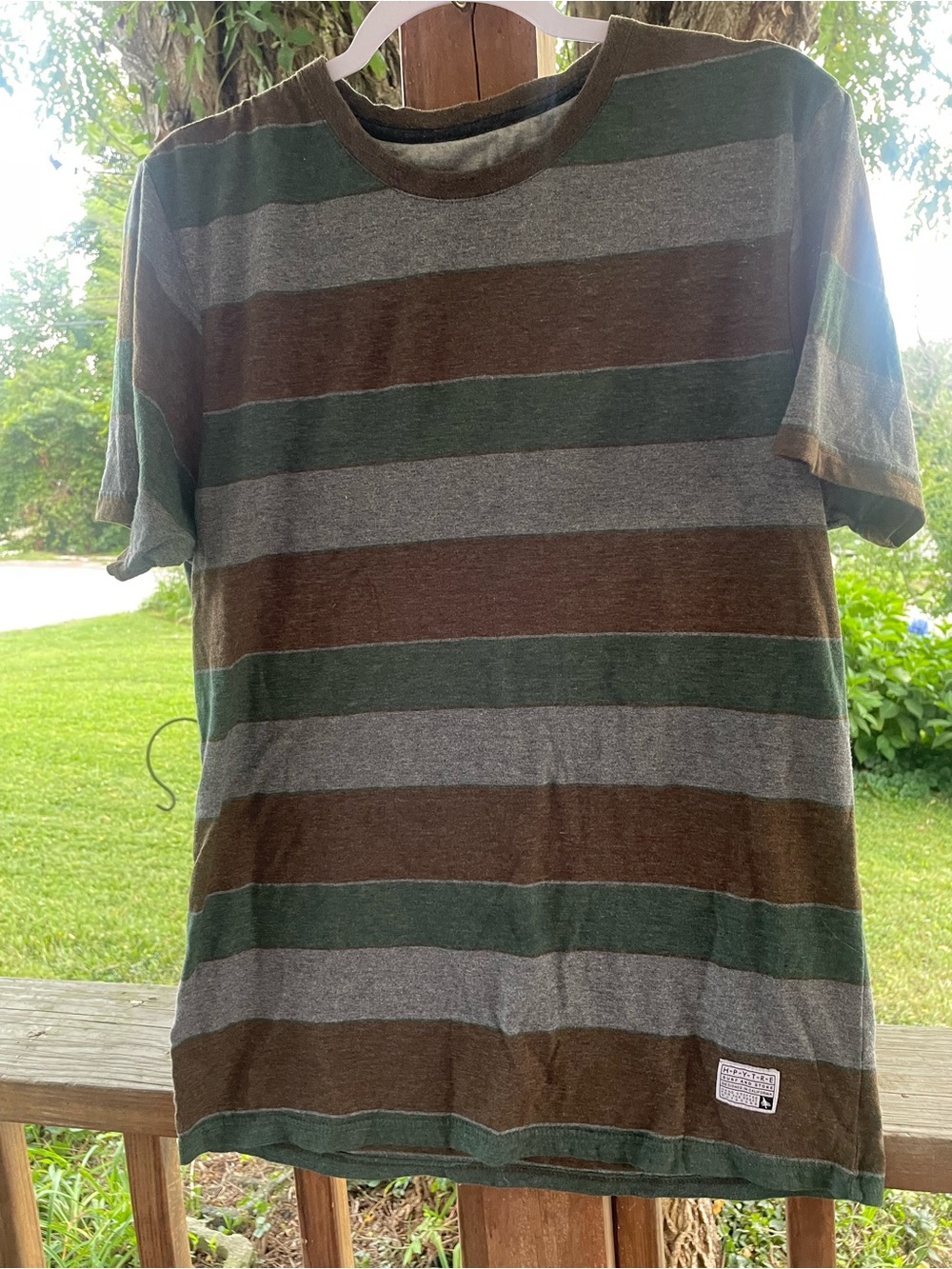Hippy Tree Striped Short-Sleeve Men's Shirt in Green, Brown & Gray